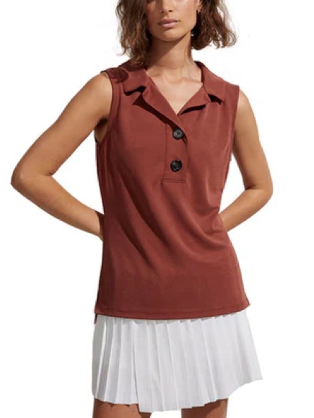 Varley Caine Sleeveless Polo Collared Preppy Modal Top In Sienna | XS